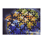A square pixelated artwork or print showing a stylized globe with a black geometric lattice pattern overlaid, surrounded by a white border on a white background.