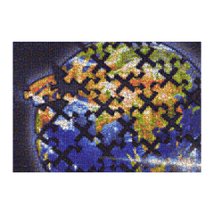 A square pixelated artwork or print showing a stylized globe with a black geometric lattice pattern overlaid, surrounded by a white border on a white background.