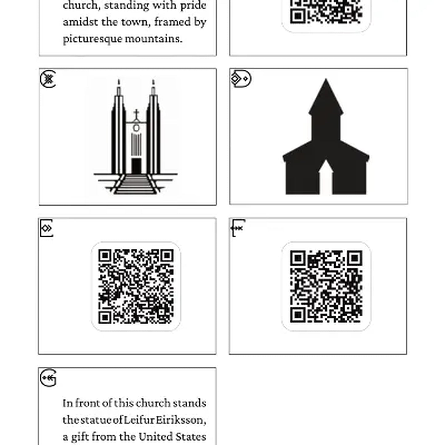 Iceland travel puzzle sample featuring church icons, QR codes, and a historical clue about Leifur EirÃksson statue