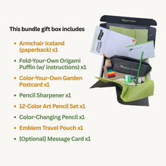 Gift box with contents listed on a white background