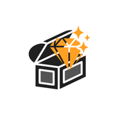Black box with orange diamonds and stars on a white background