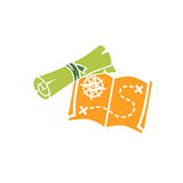 Illustration of a green rolled-up map and an open orange book with a compass on a white background