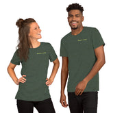 Heather forest t-shirt with green Vegout Voyage branding