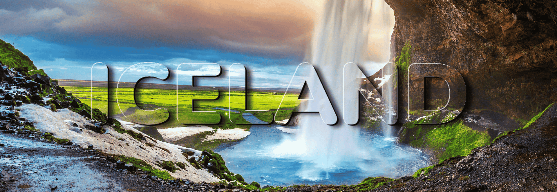 A scenic landscape print of Iceland featuring a waterfall cascading into a pool, with green fields, dramatic clouds, and large semi-transparent text reading 'ICELAND' across the center.