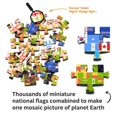 A children's jigsaw puzzle showing a mosaic of many miniature national flags arranged on a white background, with a magnifying glass over one piece and two larger example pieces on the right. Text reads 'Thousands of miniature national flags combined to make one mosaic picture of planet Earth' and 'Discover hidden Vegout Voyage logos!'.