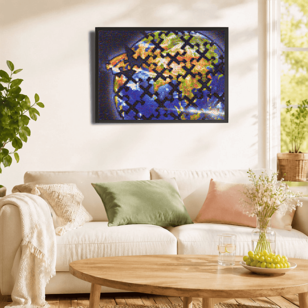 A framed abstract canvas print featuring a stylized globe with a black lattice pattern over a blue, green, and yellow background, hanging on a white wall above a modern white sofa in a bright, sunlit living room.