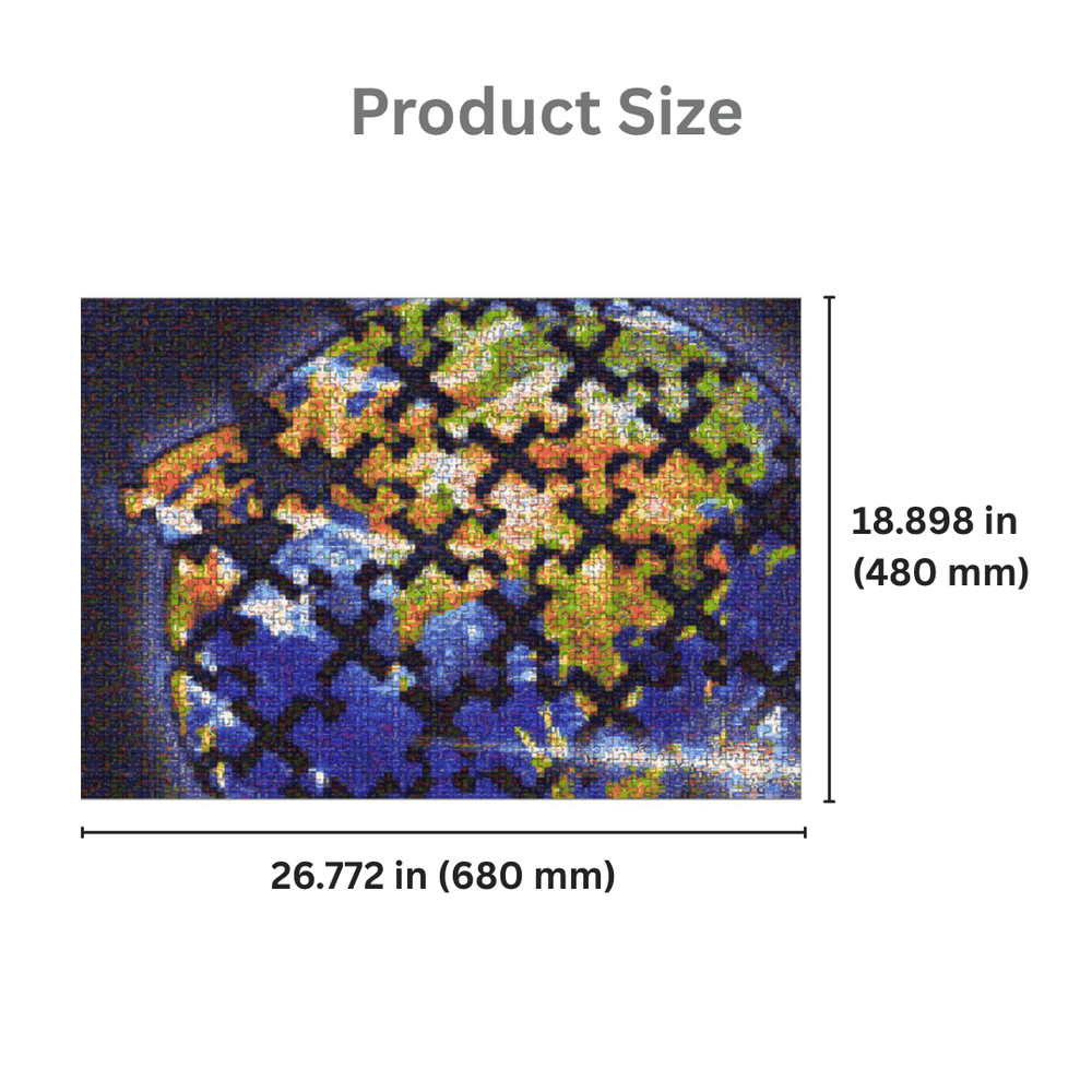 Product size diagram showing a rectangular printed design with dimensions labeled 26.772 in (680 mm) by 18.