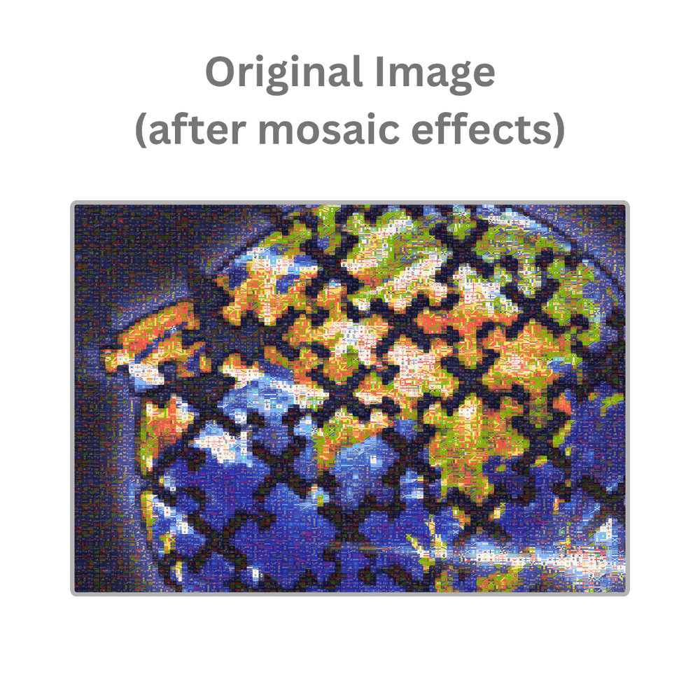 A product listing image showing a square preview of a mosaic-style artwork or print with the text 'Original Image (after mosaic effects)' above it. The artwork depicts a globe-like scene with blue oceans and multicolored landmasses overlaid by a repeating black geometric pattern.