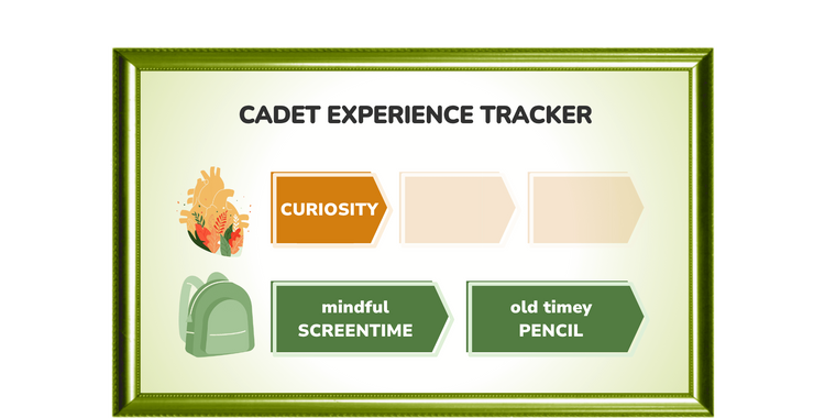 Cadet Experience Tracker with various categories on a green background
