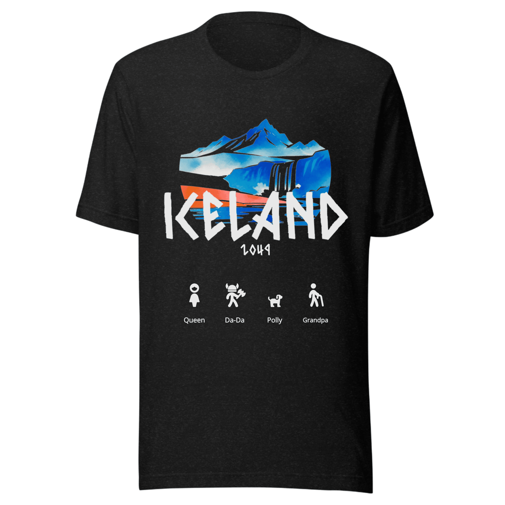 A black short-sleeve crewneck t-shirt featuring a graphic print of an Icelandic landscape with a mountain, waterfall, and the word 'ICELAND' in white. Below the graphic are white icons and labels for Queen, Da-Da, Polly, and Grandpa.