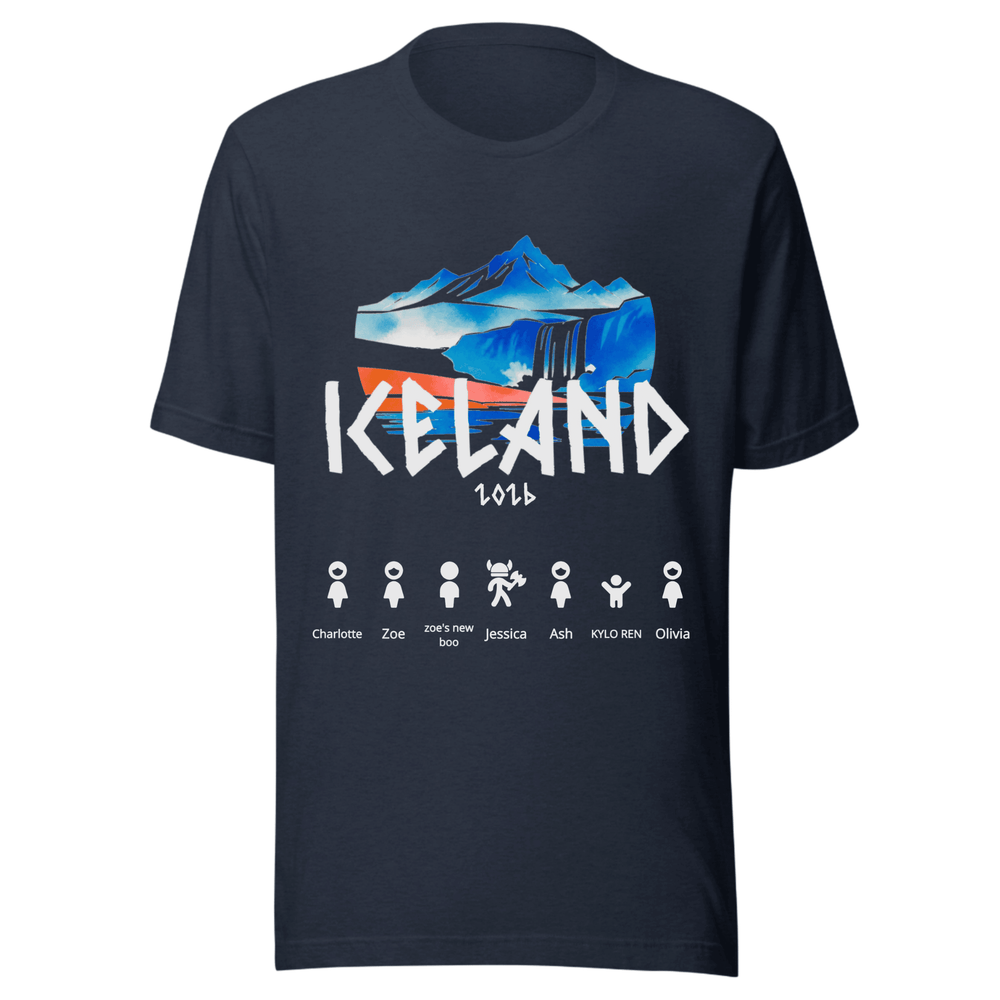 A navy blue crewneck t-shirt featuring a graphic print of an iceberg and the word 'ICELAND' in white, with '2016' and 'AWESOME POSSUM FAMILY CRUISE TRIP!' printed below.