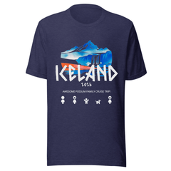 A navy blue crewneck t-shirt featuring a graphic print of an iceberg and mountains with the text 'ICELAND 2016' and 'AWESOME POSSUM FAMILY CRUISE TRIP' in white, shown on a plain white background.
