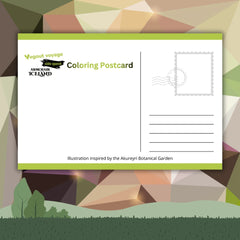Coloring postcard with geometric design and text on a colorful abstract background
