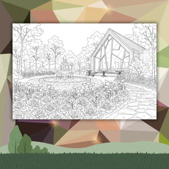 Coloring book page with a landscape design featuring a house, garden, and trees on a geometric patterned background.