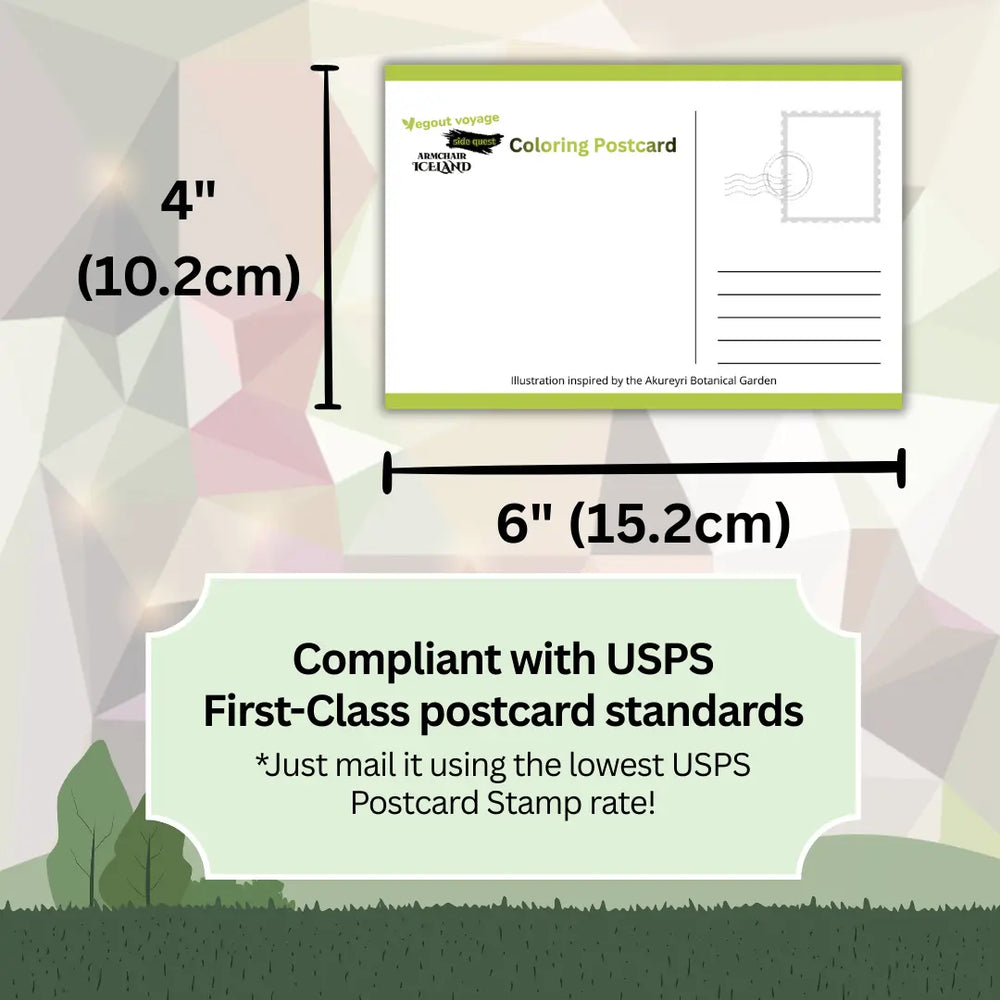 Coloring postcard with dimensions and USPS compliance information on a geometric background