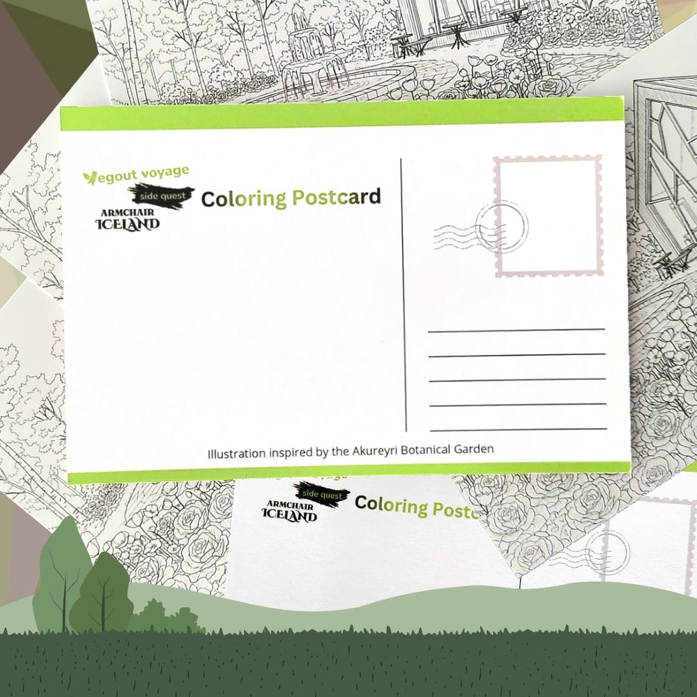 Coloring postcard with nature-themed illustrations and 'Arnessard Iceland' branding.