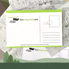 Coloring postcard with nature-themed illustrations and 'Arnessard Iceland' branding.