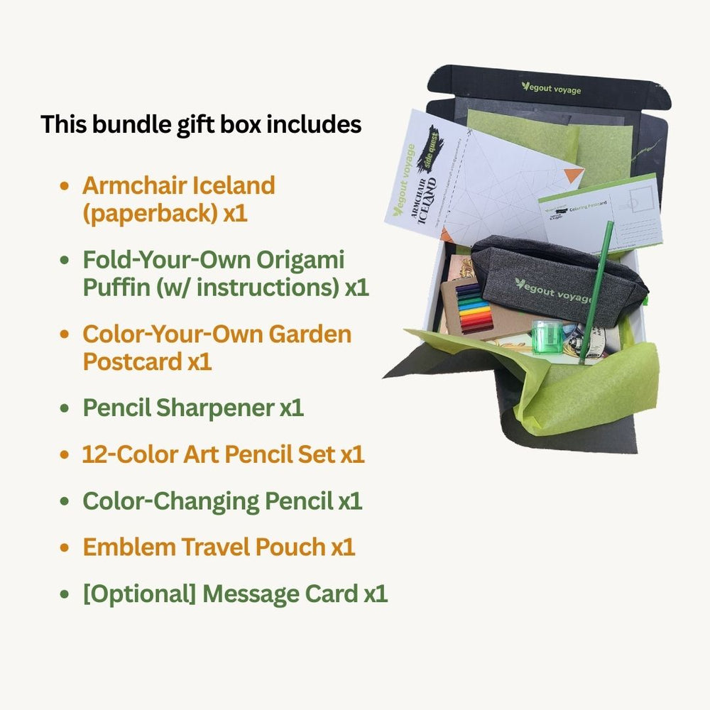 Gift box with contents listed on a white background