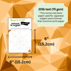 Sheet of paper with geometric design on an orange geometric patterned background, featuring text about paper weight and dimensions.