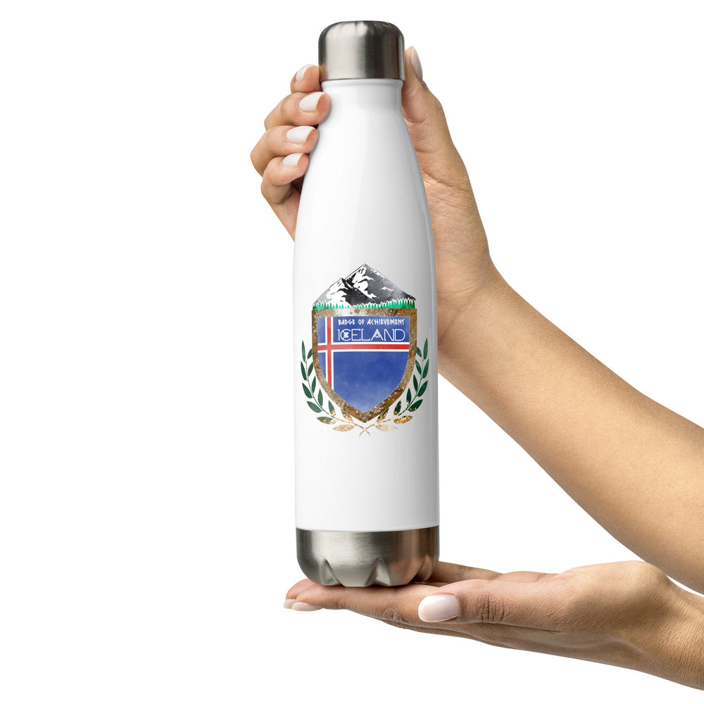 White insulated bottle with Icelandic design held by a hand on a white background