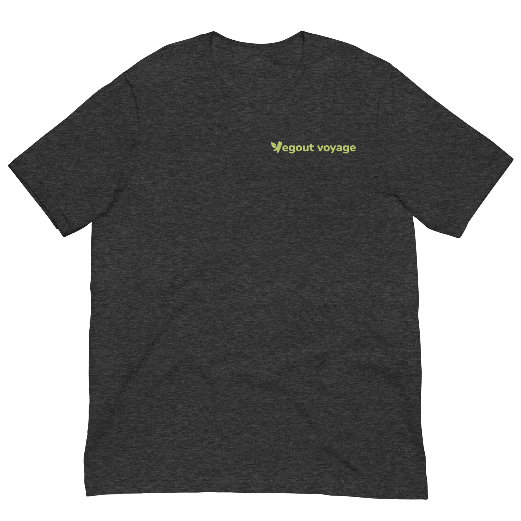 Flat lay of dark grey unisex t-shirt with Vegout Voyage logo