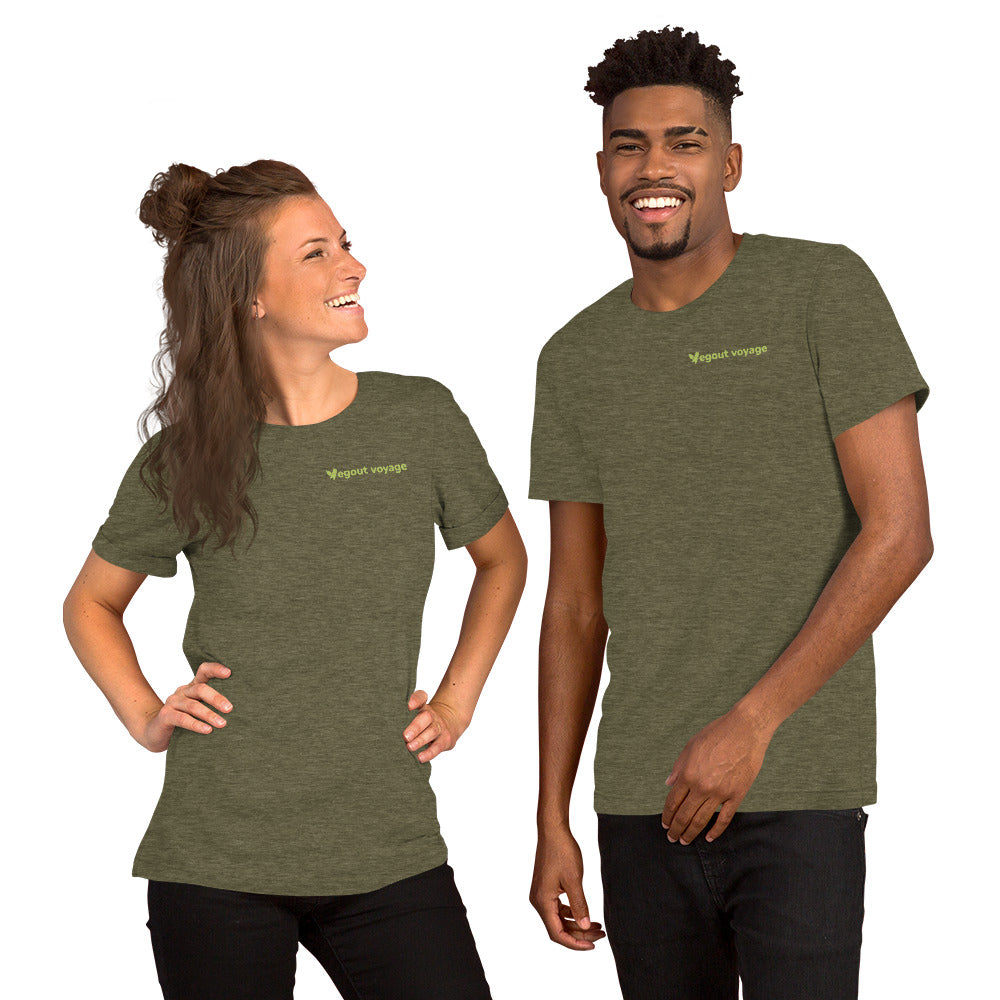 Olive green unisex t-shirt with Vegout Voyage logo on front
