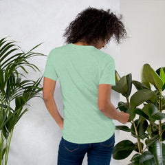 Back view of Heather Prism Mint emblem tee worn by woman