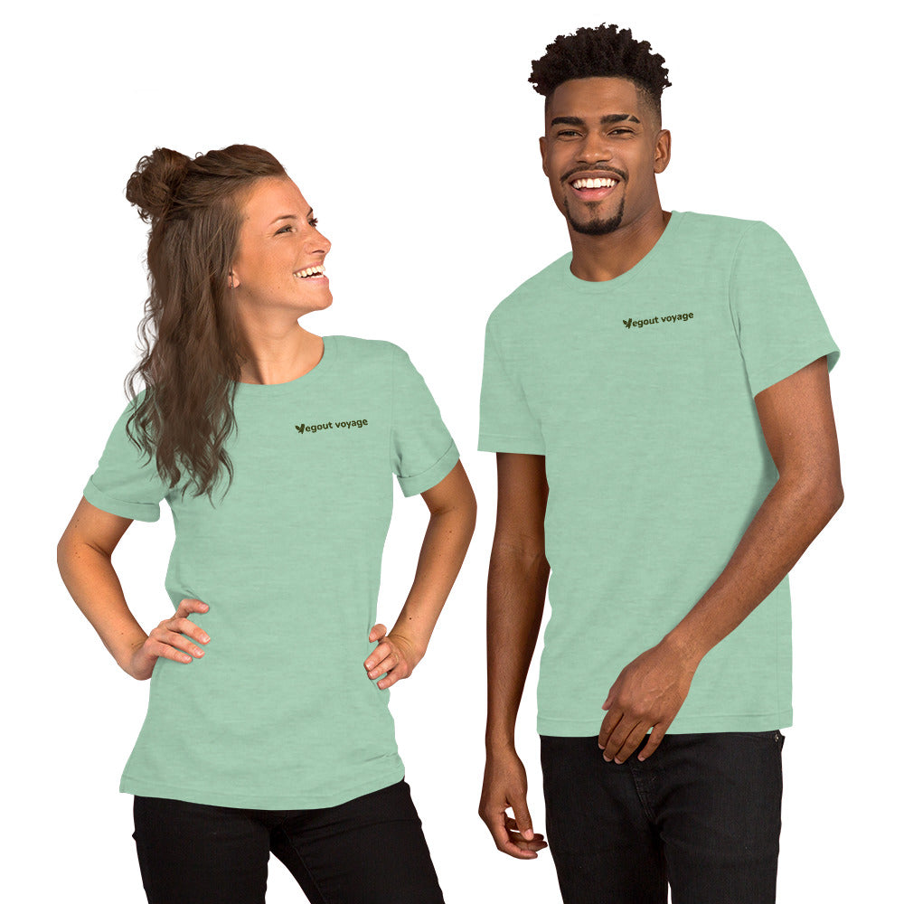 Man and woman wearing Heather Prism Mint Vegout Voyage travel t-shirts