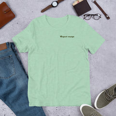 Unisex t-shirt in Heather Prism Mint with Vegout Voyage dark logo flat lay
