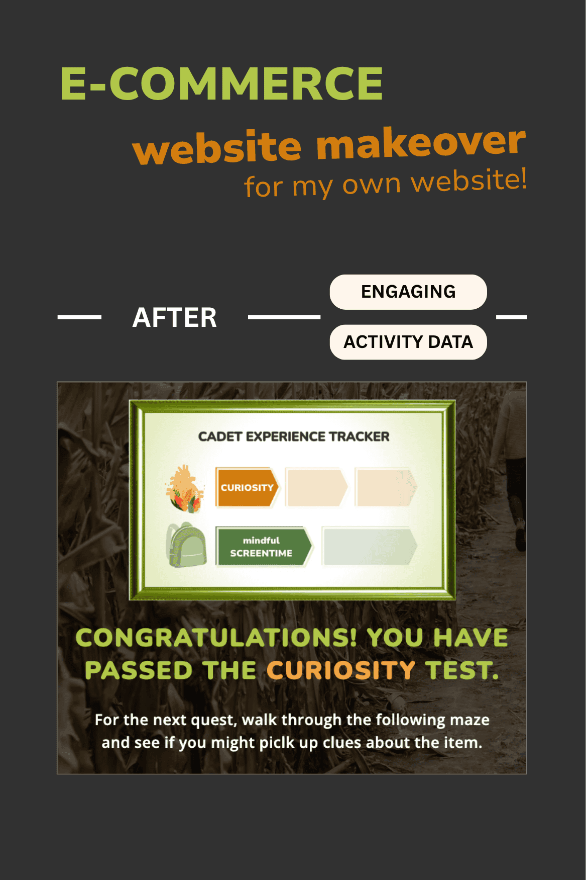 Promotional graphic for an e-commerce website makeover with text and a screen capture of a game interface.