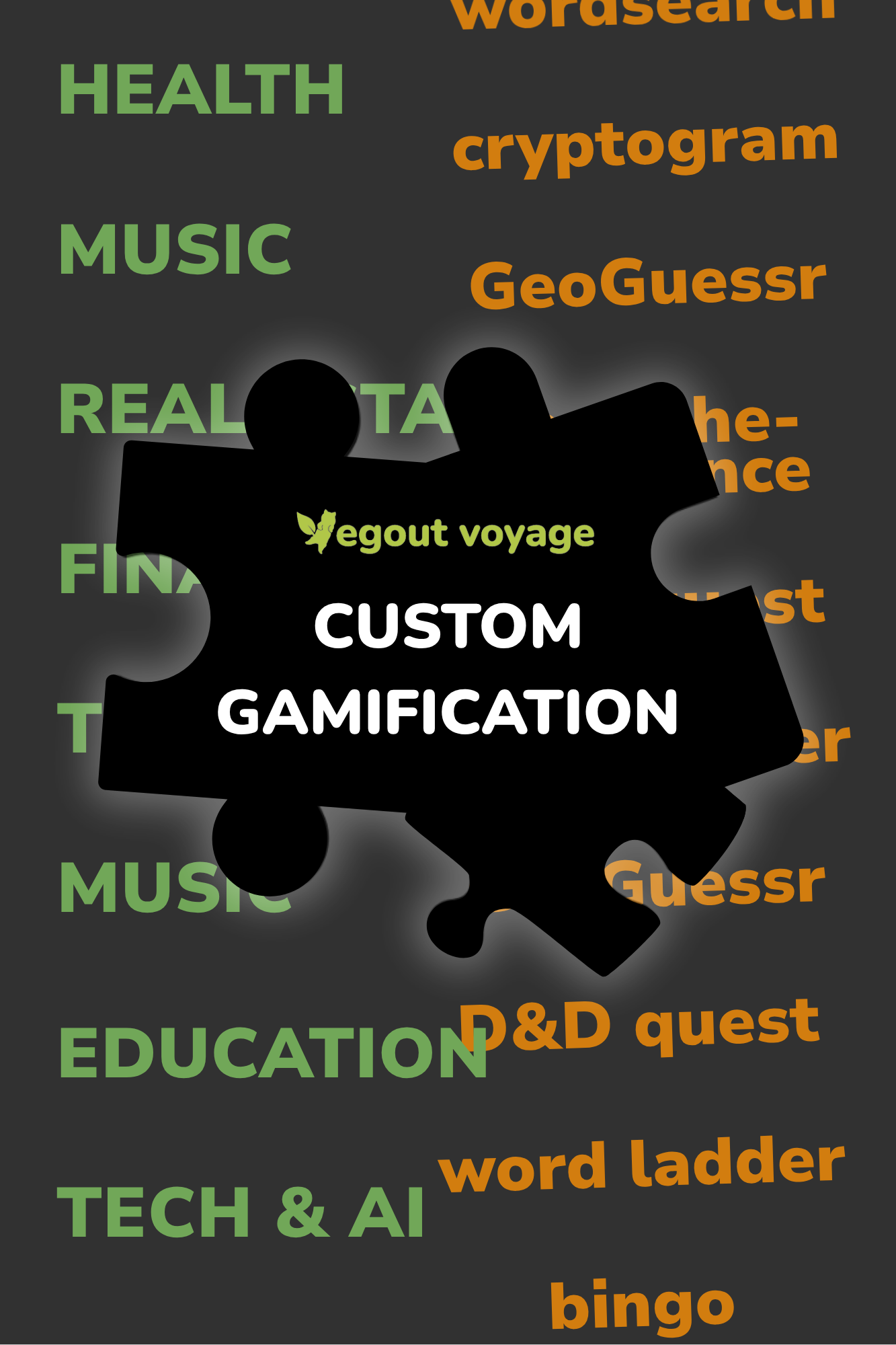 Two puzzle pieces with 'vegout voyage' and 'Custom Gamification' text on a dark background with related words.