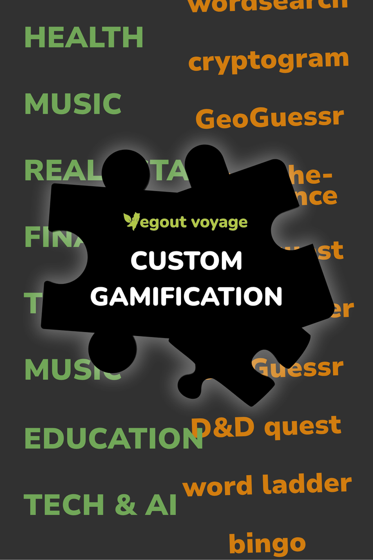 Two puzzle pieces with 'vegout voyage' and 'Custom Gamification' text on a dark background with related words.